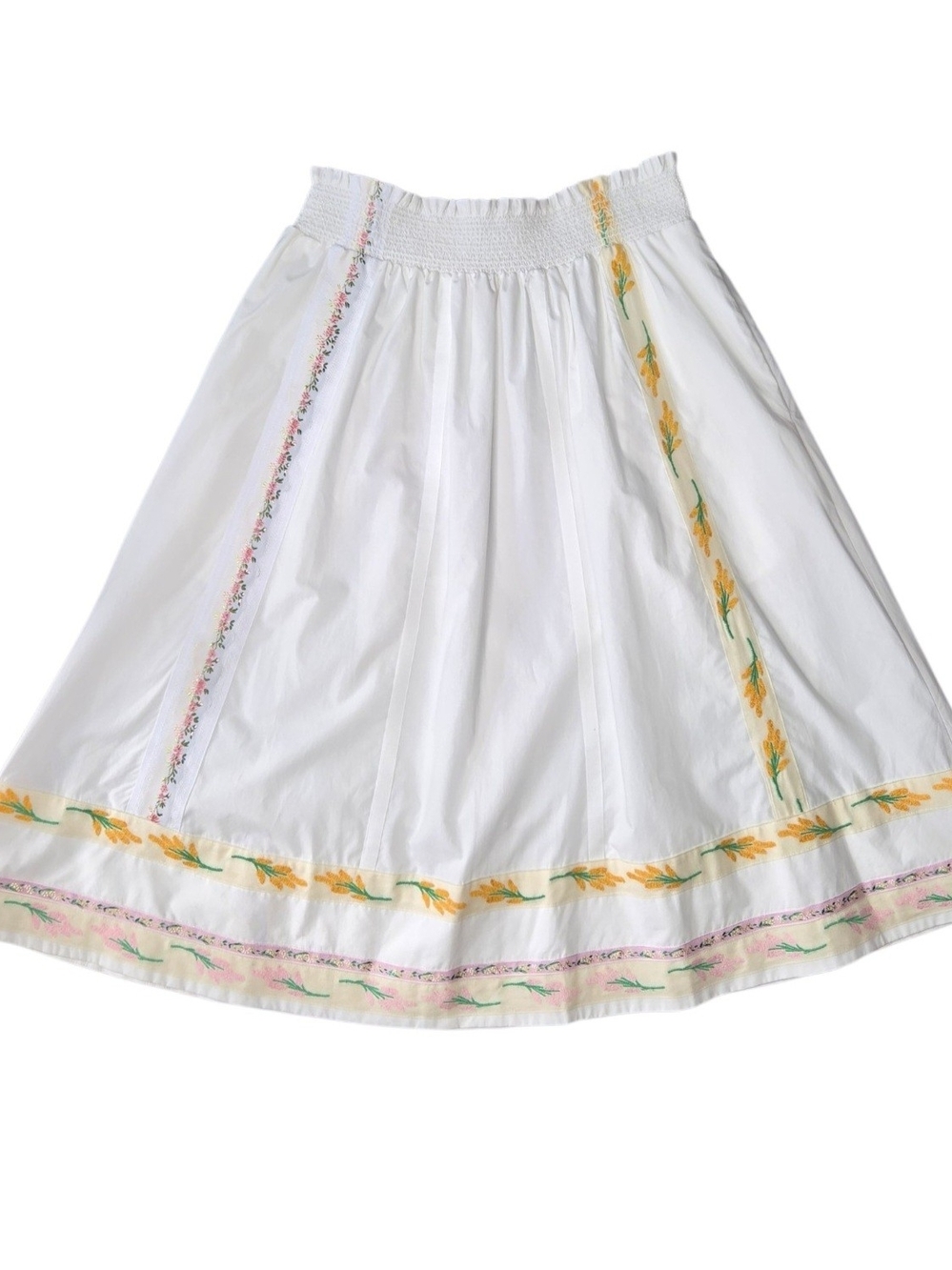 Tory Burch White Embroidered Floral Ribbon Cottagecore Midi Skirt Size Small